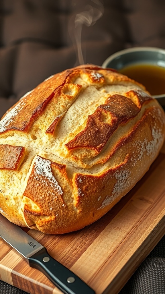A golden-brown crusty bread loaf on a wooden board with a knife and dipping oil.